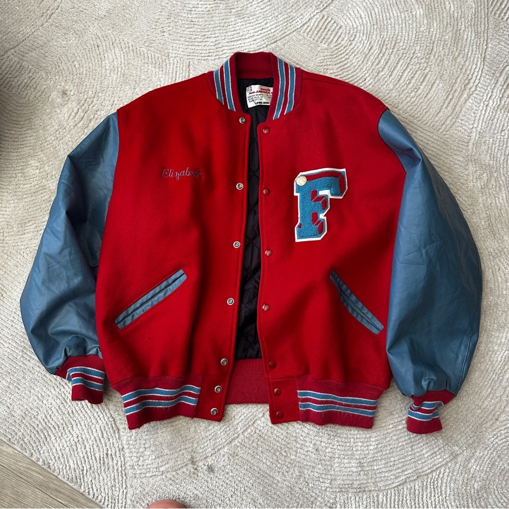 Red and Blue vintage Varsity Jacket
Leather arms
Name Elizabeth